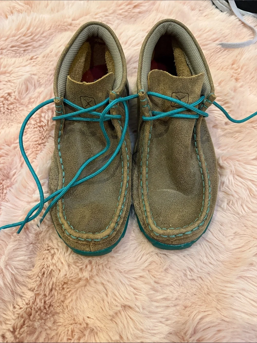 Twisted X Tan Suede Kids Moccasins with Teal Laces